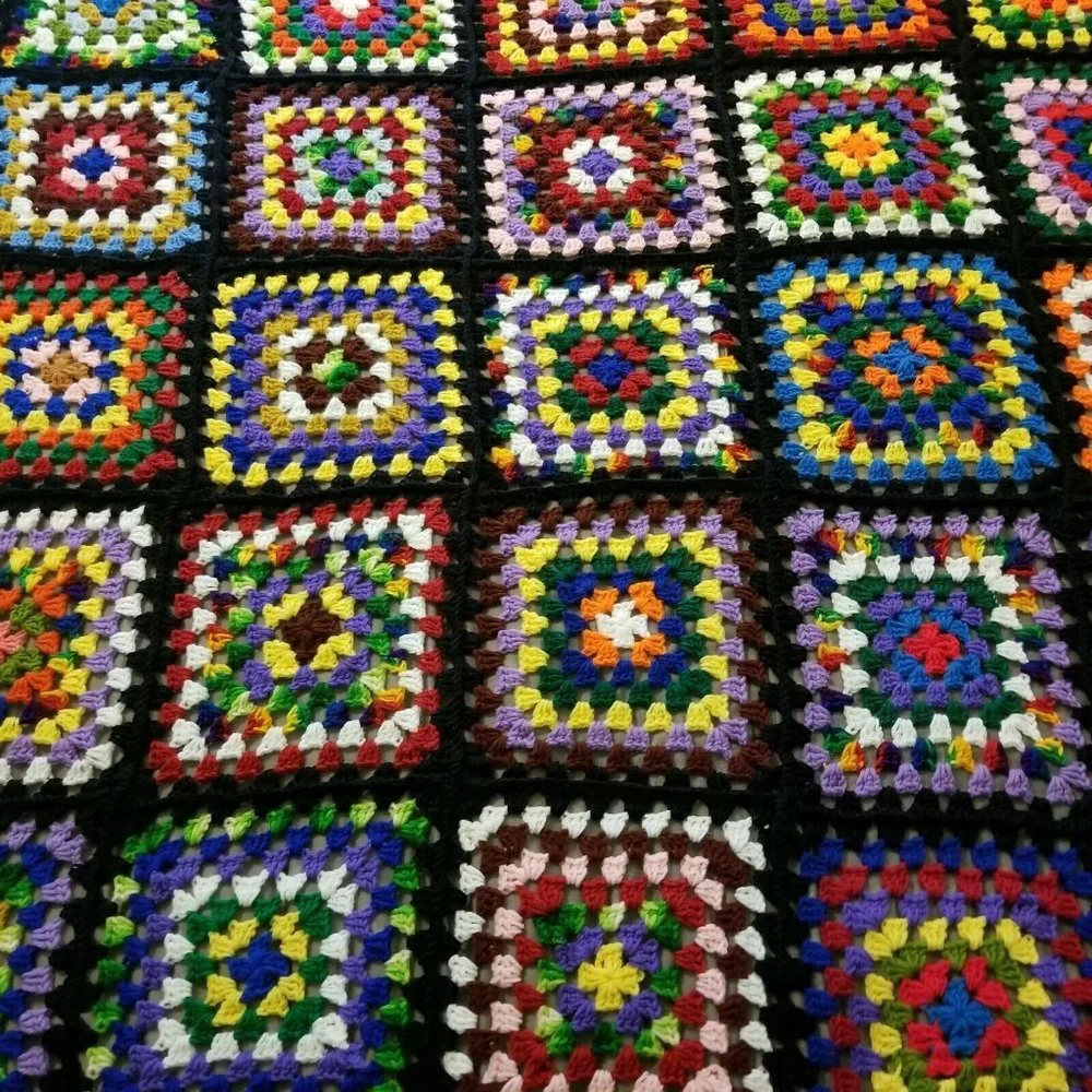 Granny Squares Afghan Black‎ Throw Blanket Vibrant